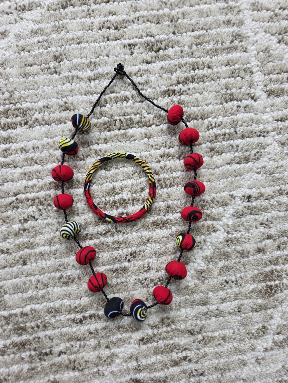 Kids Red & Multicolor Fabric Bead Necklace and Bangle Set
